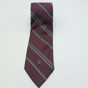 Dior Men's Maroon Tie with Teal and Gray Diagonal Stripes
